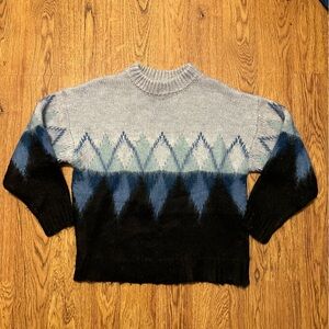 Moussy Blue Geometric Zig zag Crewneck Long sleeve sweater One Size Wool blend